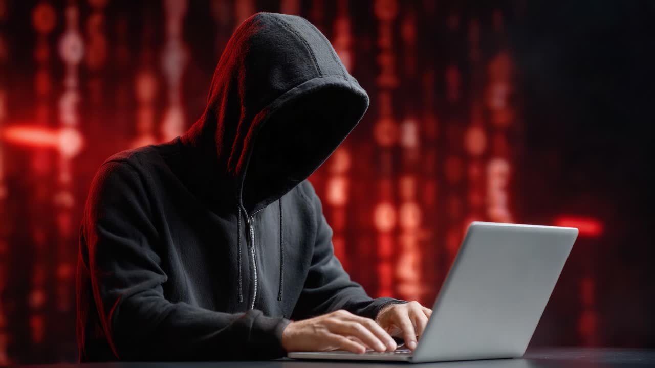 A mysterious figure in a hooded jacket types intently on a laptop, surrounded by a backdrop of digital code, representing themes of cybersecurity and hacking