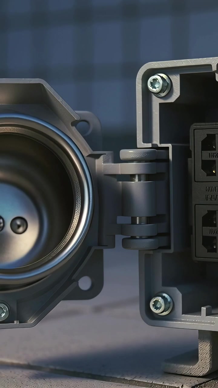 Vertical video: Releasing latch, box cover swinging on hinge over tile showing metal cup for wires