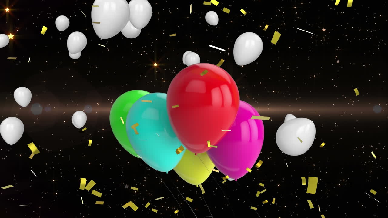 animación de confeti cayendo y globos multicolores volando sobre un fondo negro