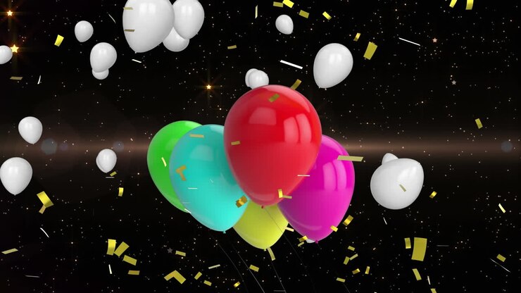 Animazione di coriandoli che cadono e palloncini multicolore che volano su sfondo nero.
