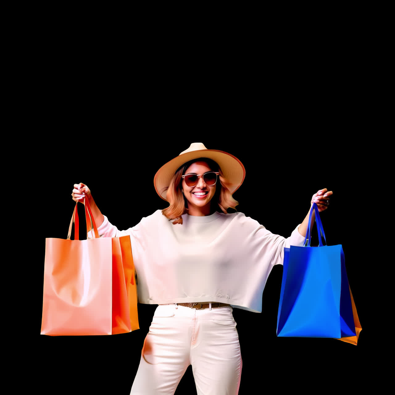 Stylish shopping woman smiling animation isolated asset, transparent 4K video, alpha channel, ProRes