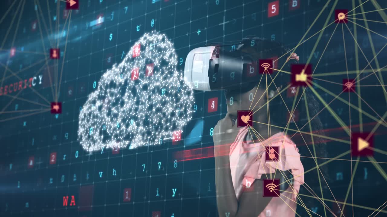 animación de la red de conexiones sobre la chica que lleva auriculares vr