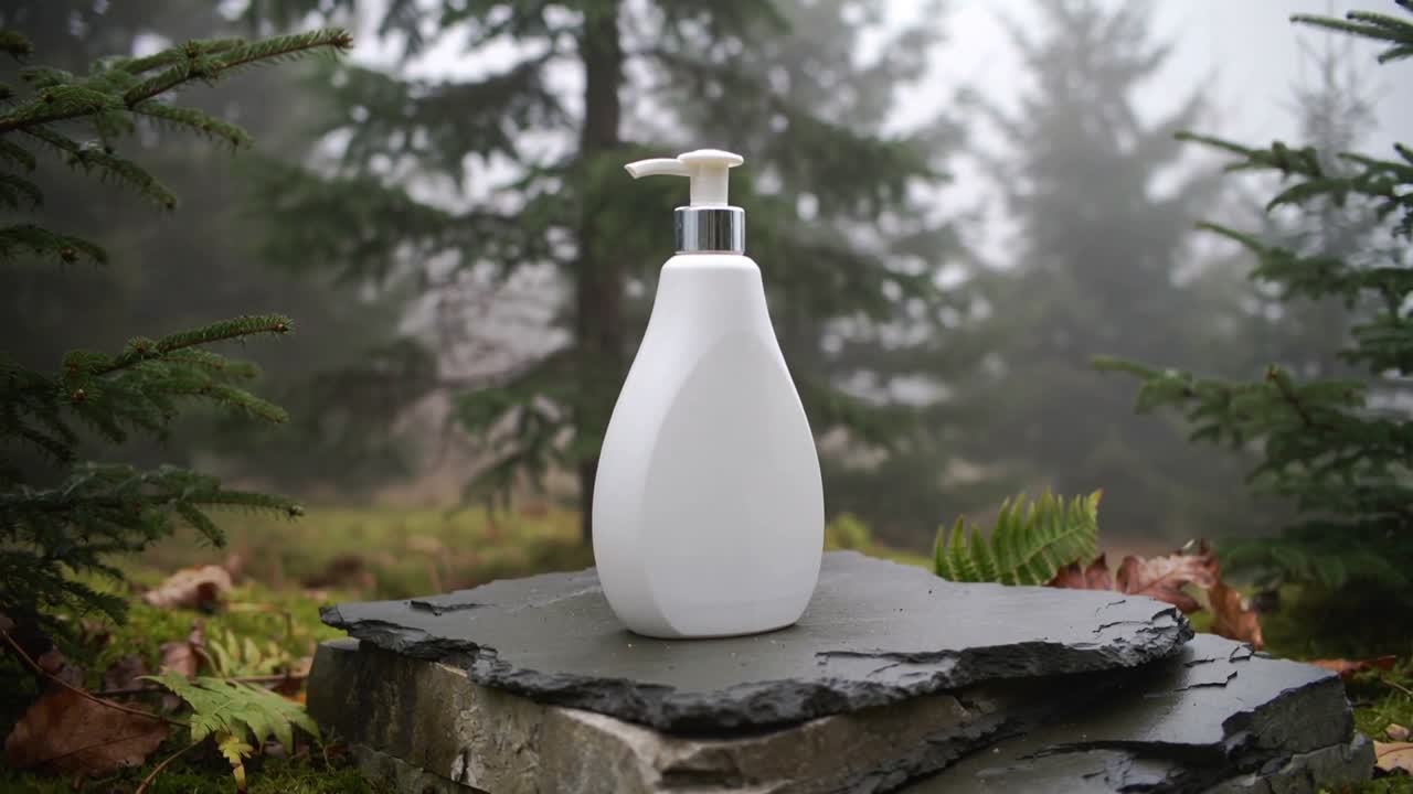 Moving camera revealing white pump bottle on stacked slate in misty pine woods, showcasing product