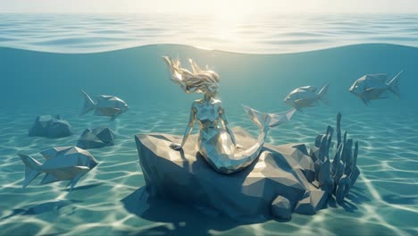 a captivating underwater scene featuring a polygonal mermaid surrounded by fish, bathed in sunlight and enhanced by glimmering water reflections