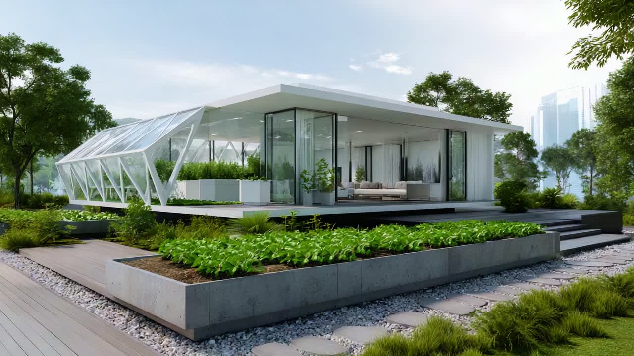 Modern Architectural Design of a Glass House Surrounded by Lush Greenery and Stylish Landscaping Elements in a Sunny Outdoor Setting