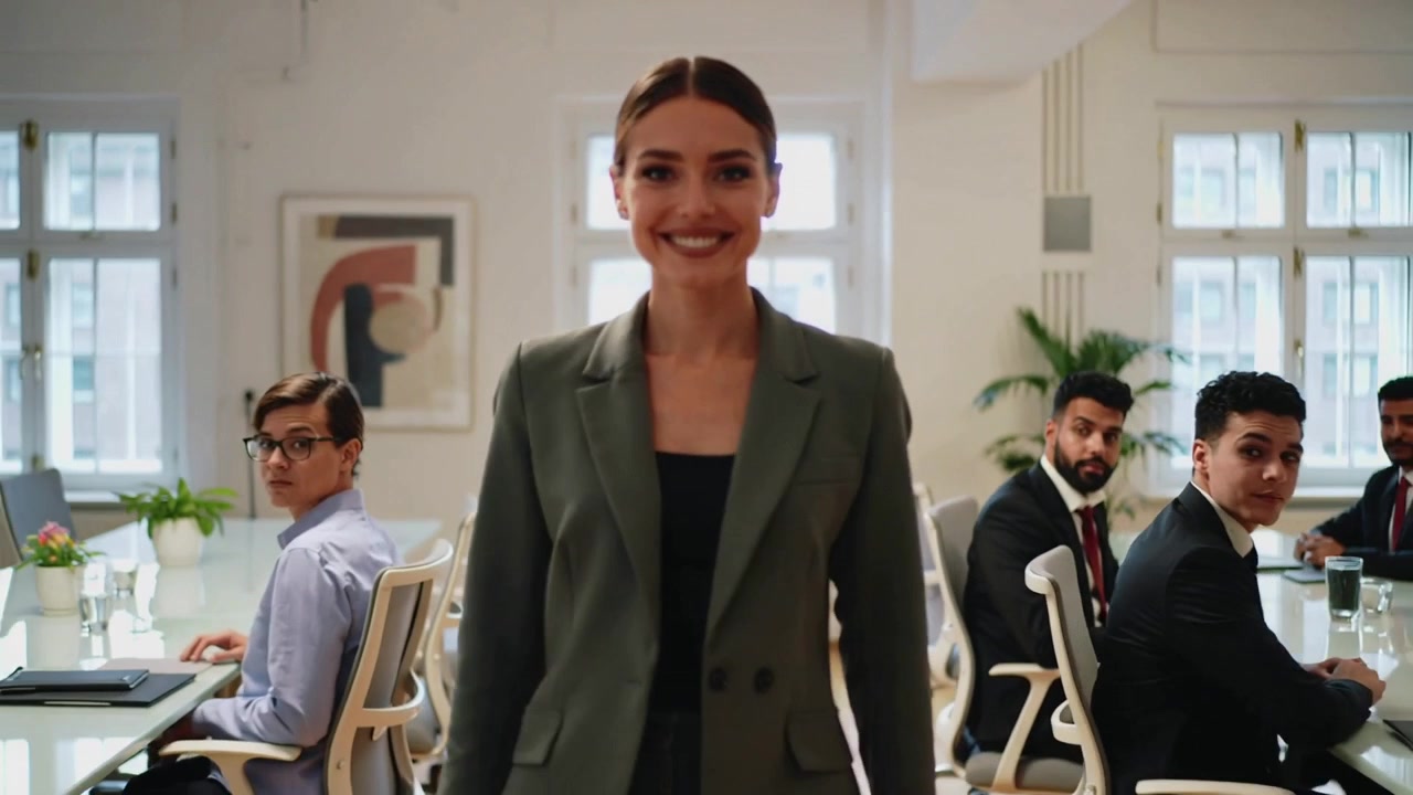 Una donna in tailleur color oliva che cammina, avvicinandosi alla telecamera oltre il tavolo della conferenza in ufficio, per unirsi alla riunione.