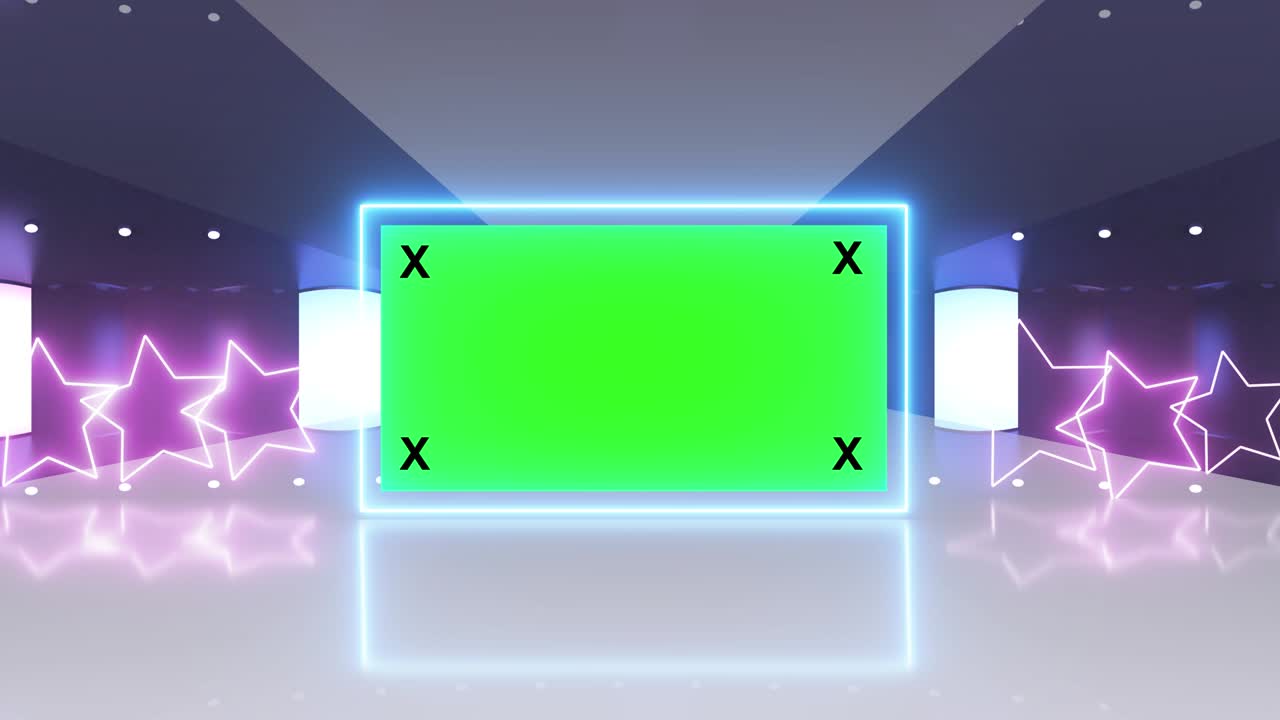 추상적인 크리에이티브 터널 및 그린 스크린 알파 채널 광고판 모형: 네온, 파란색 보라색 led 바 및 기술, sf, 미래의 사이버 크, 빈 프레임으로 3d 렌더링