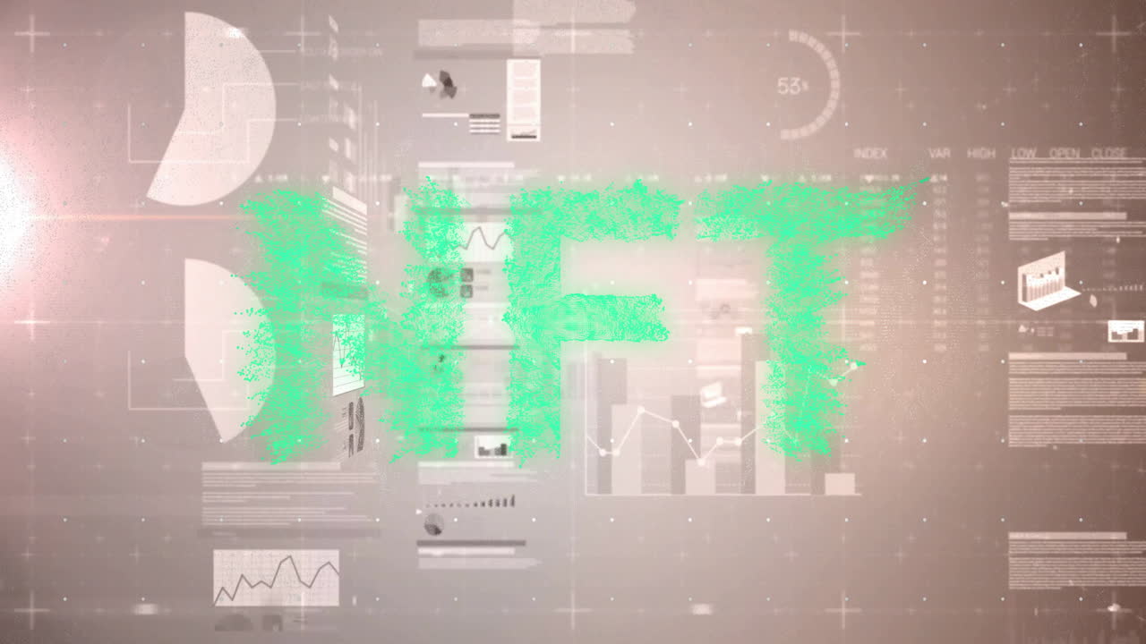 Green DFT particle-based letters floating over beige background, showing hovering charts and graphs