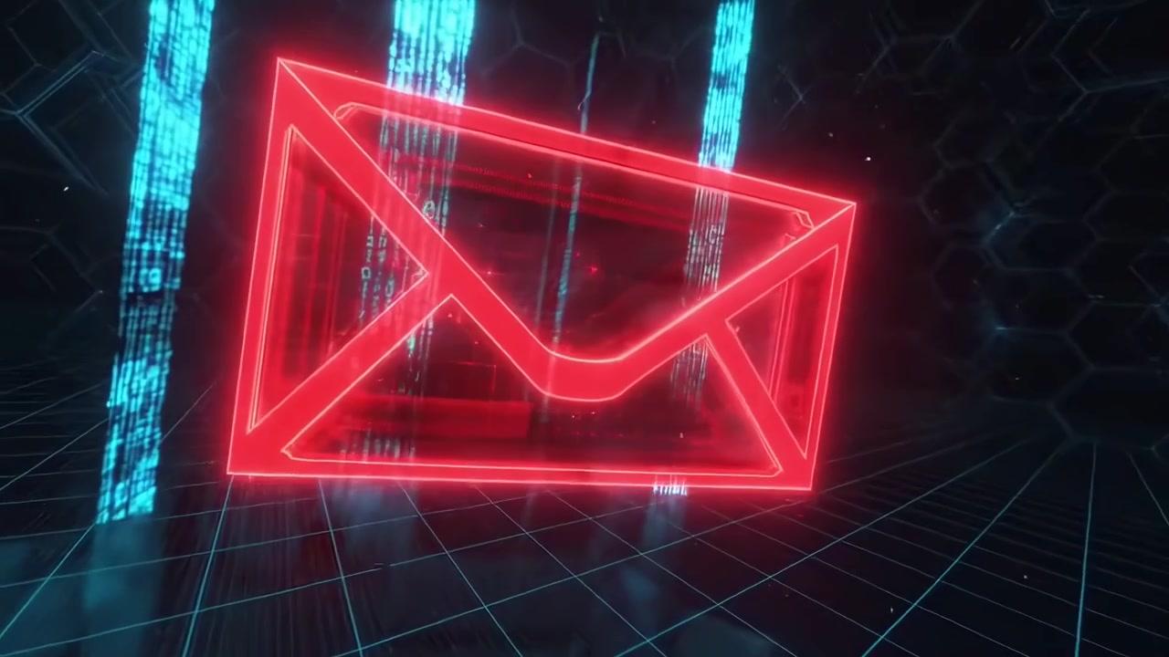 Digital Red Neon Email Icons Floating in Cyber Space