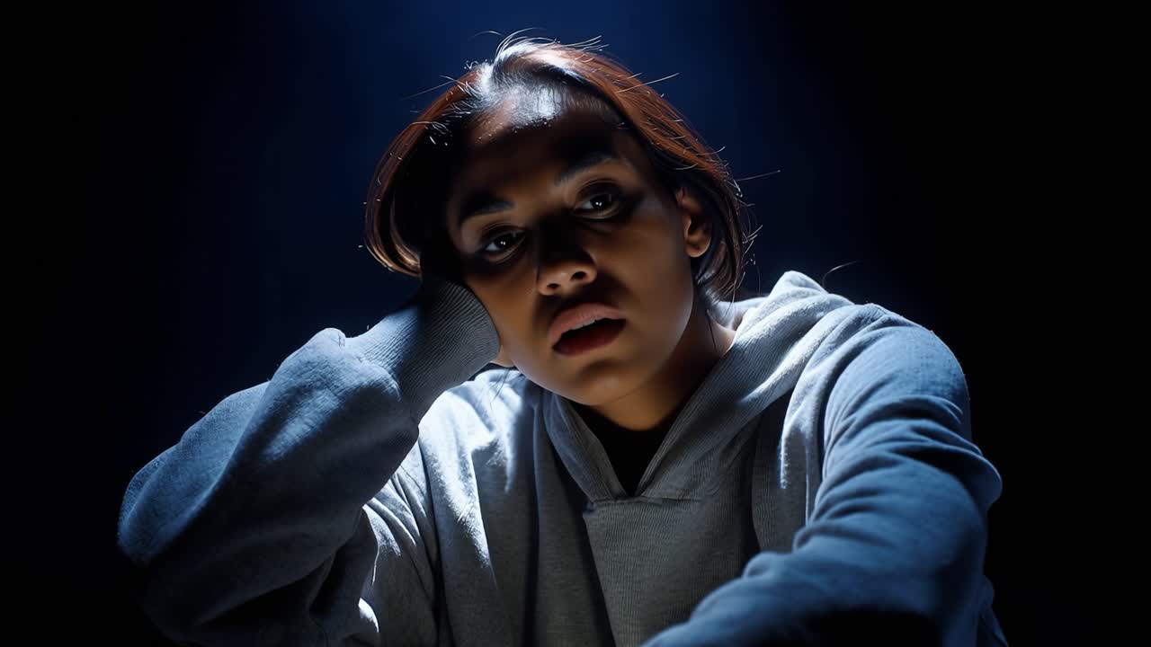 Young woman looks stressed, holding head in dark setting. Her eyes show anxiety, as if overwhelmed by thoughts. Dramatic lighting emphasizes her emotional state. Ideal for mental health, stress