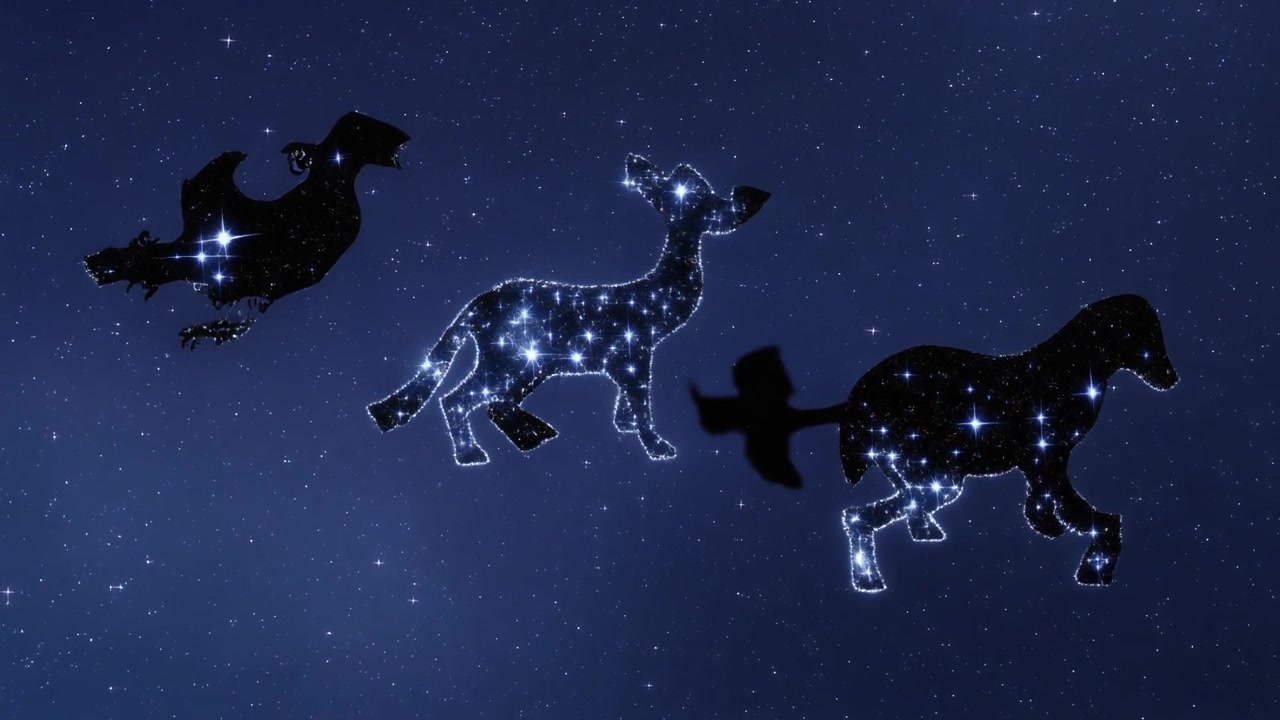 Geanimeerde sterrenbeelden van dieren tegen een sterrenhemel