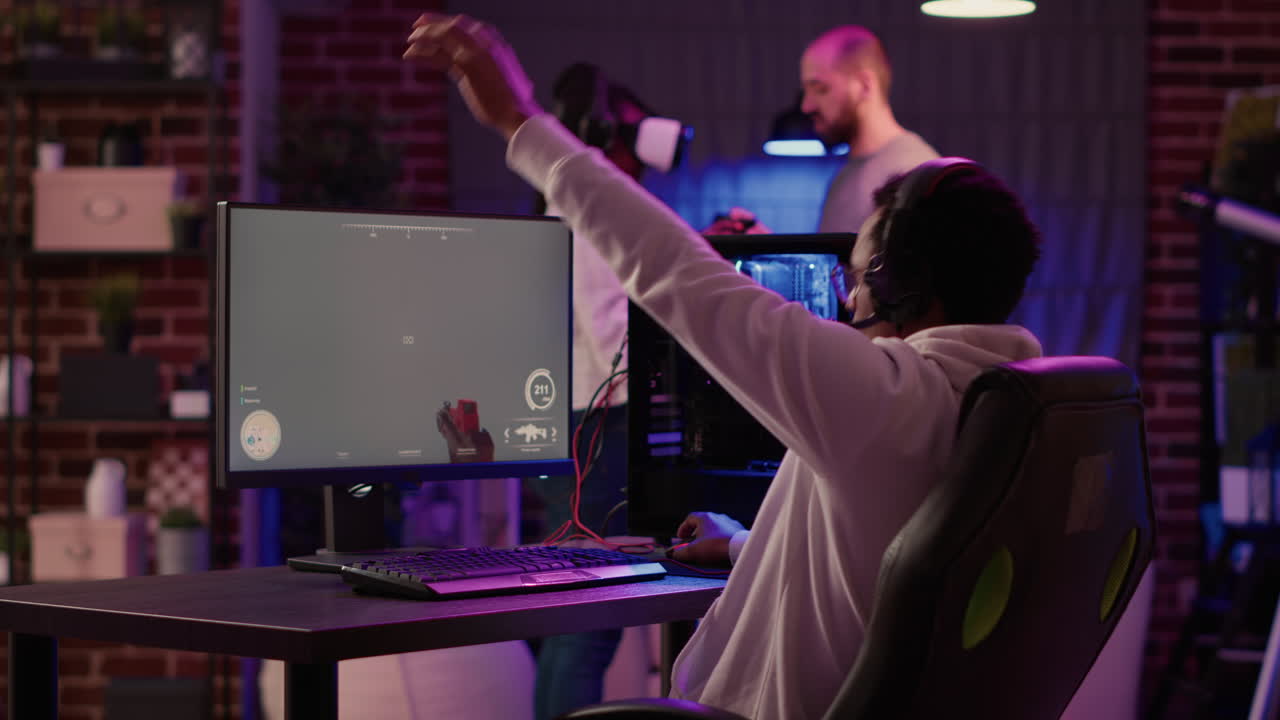 Gamer playing online action game testing motion sensors while gaming couple is setting up virtual reality game