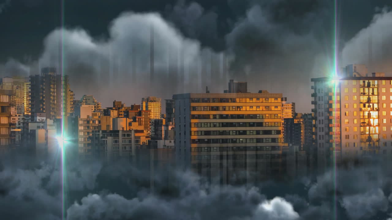 도시 풍경 위의 데이터 처리 애니메이션