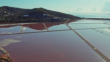 perfect reflections on salt lakes of ses salines d’eivissa in formentera natural park in ibiza, spain