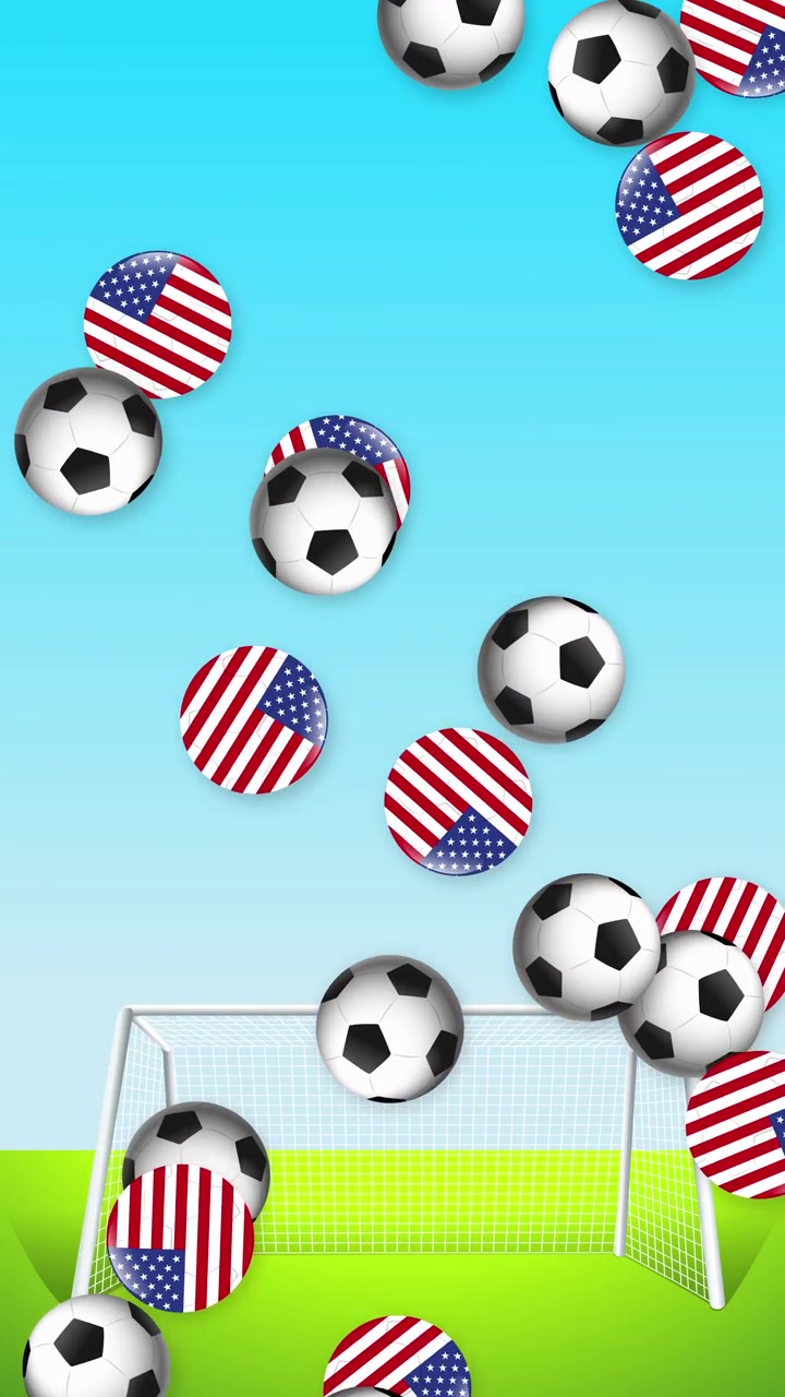 Palloni da calcio animati e sfere con bandiera americana cadono continuamente sopra una porta su erba verde.