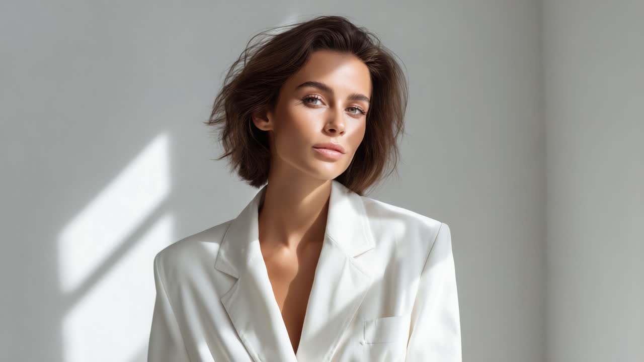 Elegante ritratto di una donna in blazer bianco che mette in mostra uno stile chic e una bellezza naturale in una luce soffusa con ombre discrete per un'estetica minimalista