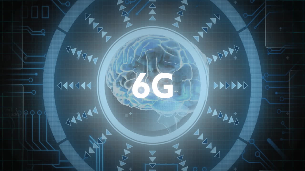 animación de texto 6g y escaneo de alcance sobre el cerebro