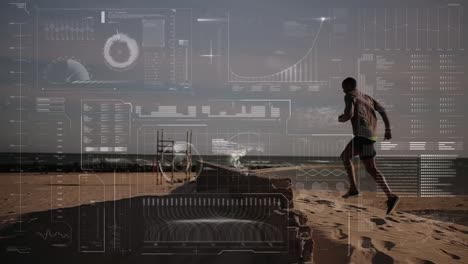 animación de pantalla digital y procesamiento de datos sobre hombre en forma corriendo por la costa