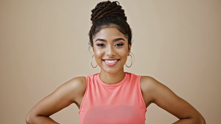 Confident young woman standing in studio, radiating positive energy with hands on hips and cheerful expression against neutral beige background