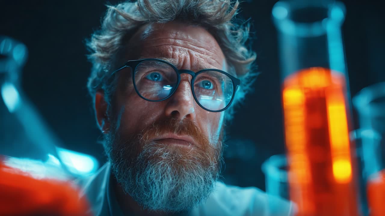Intense Focus and Discovery: A Dedicated Scientist Analyzing Vibrant Chemical Reactions in the Lab, Engaged in Groundbreaking Research and Experimentation