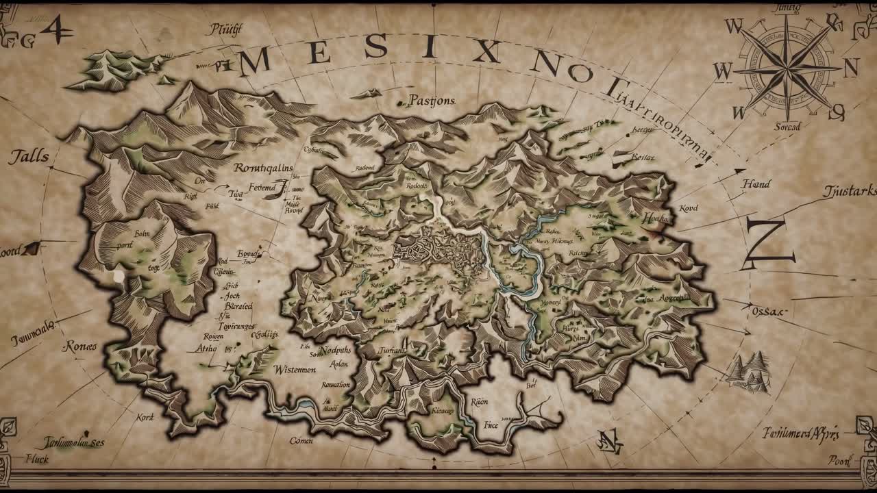 Fantasy map with vintage style, showcasing mountains, rivers, and towns