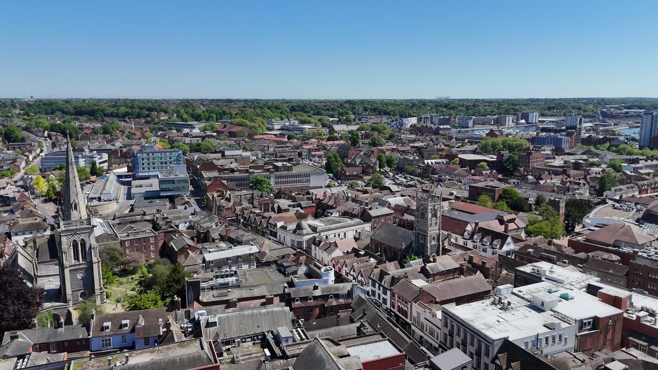 Low Panning drone aerial Ipswich Town centre UK high street