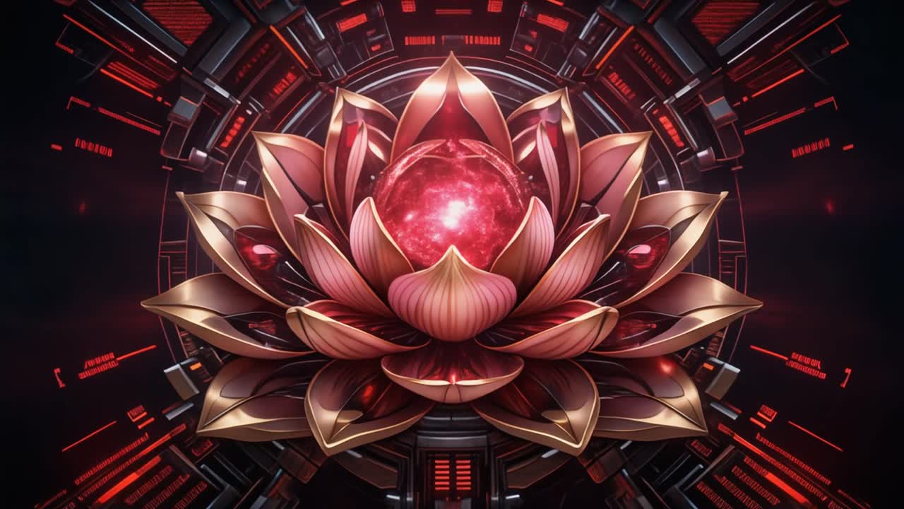 Fiore di loto metallico animato con sfera rossa pulsante