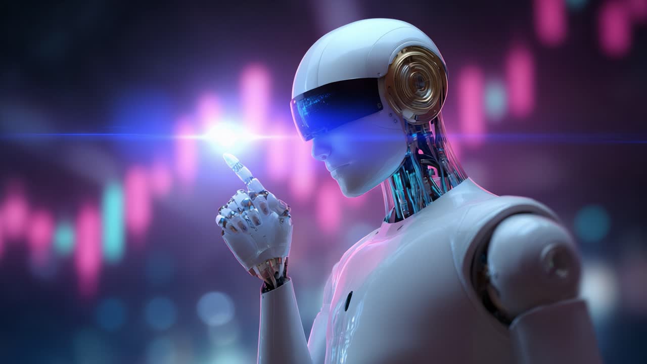 A Futuristic Robotic Being with a Polished Finish and Stylish Headgear Pointing Upwards, Surrounded by a Vibrant Data Visualization Background, Suggesting Advanced AI and Technological Progress