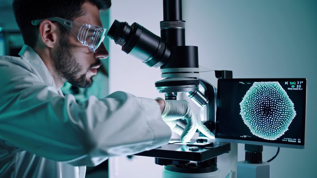 研究室で微鏡を使っている科学者