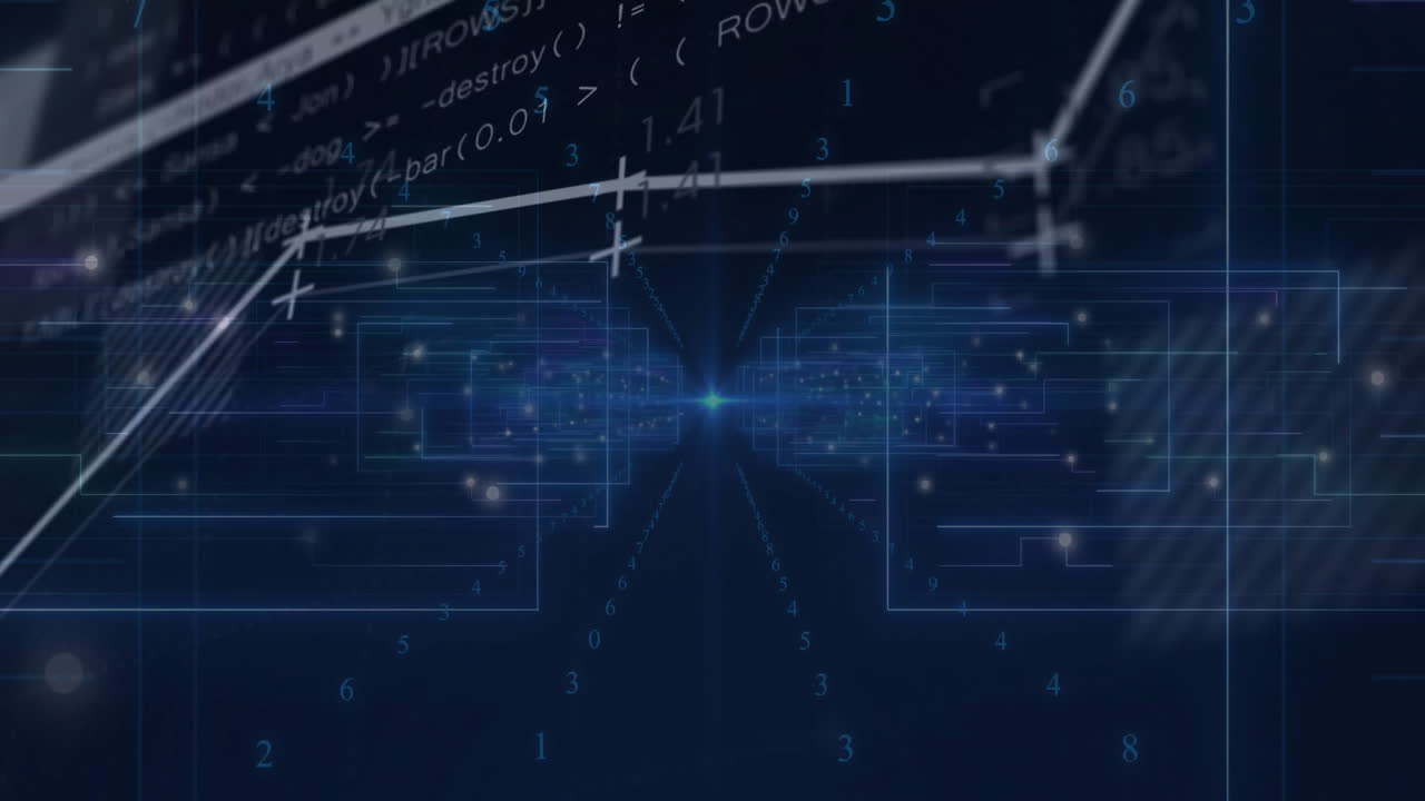 수학적 방정식과 데이터 시각화, 어두운 파란색 배경의 애니메이션