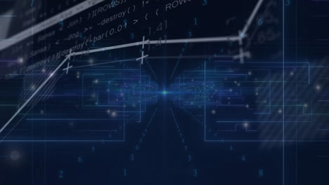 mathematical equations and data visualization animation over dark blue background