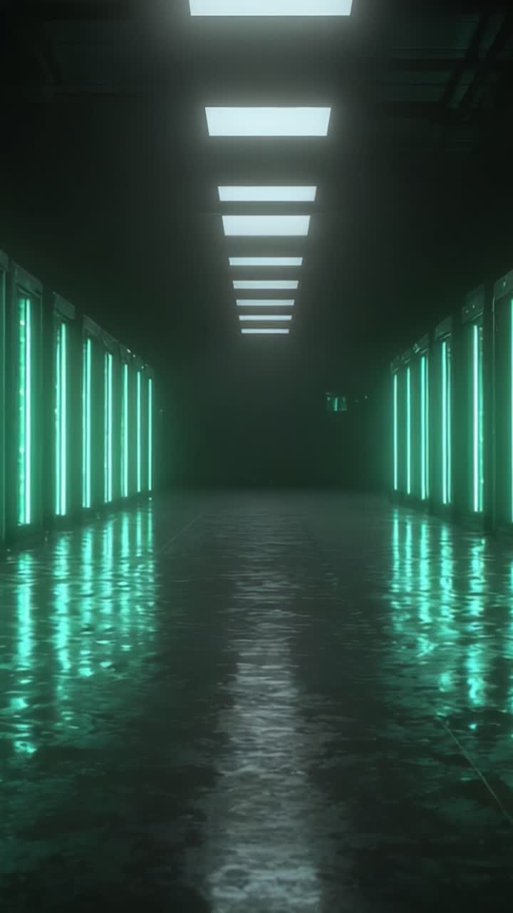Illuminated Corridor with Neon Lights: A Futuristic Passageway Featuring Vibrant Green Accents and Reflections on a Glossy Surface Creates a Captivating Atmosphere