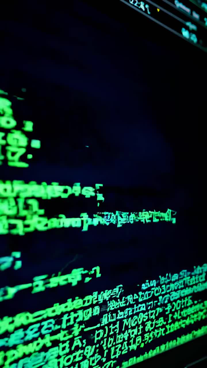 Close-up, angled shot of green code on a black screen, creating a dynamic, digital video aesthetic