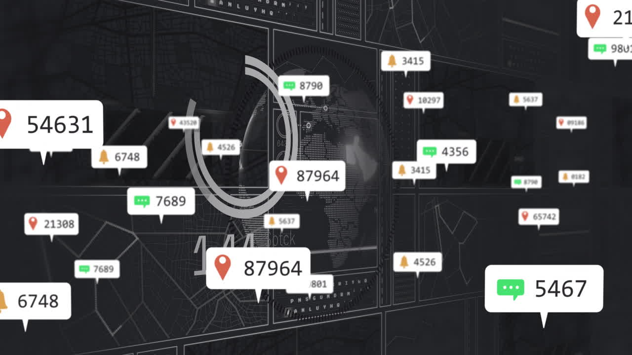 Animation of digital map showing location markers and numerical data points