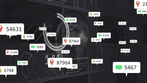 animation of digital map showing location markers and numerical data points