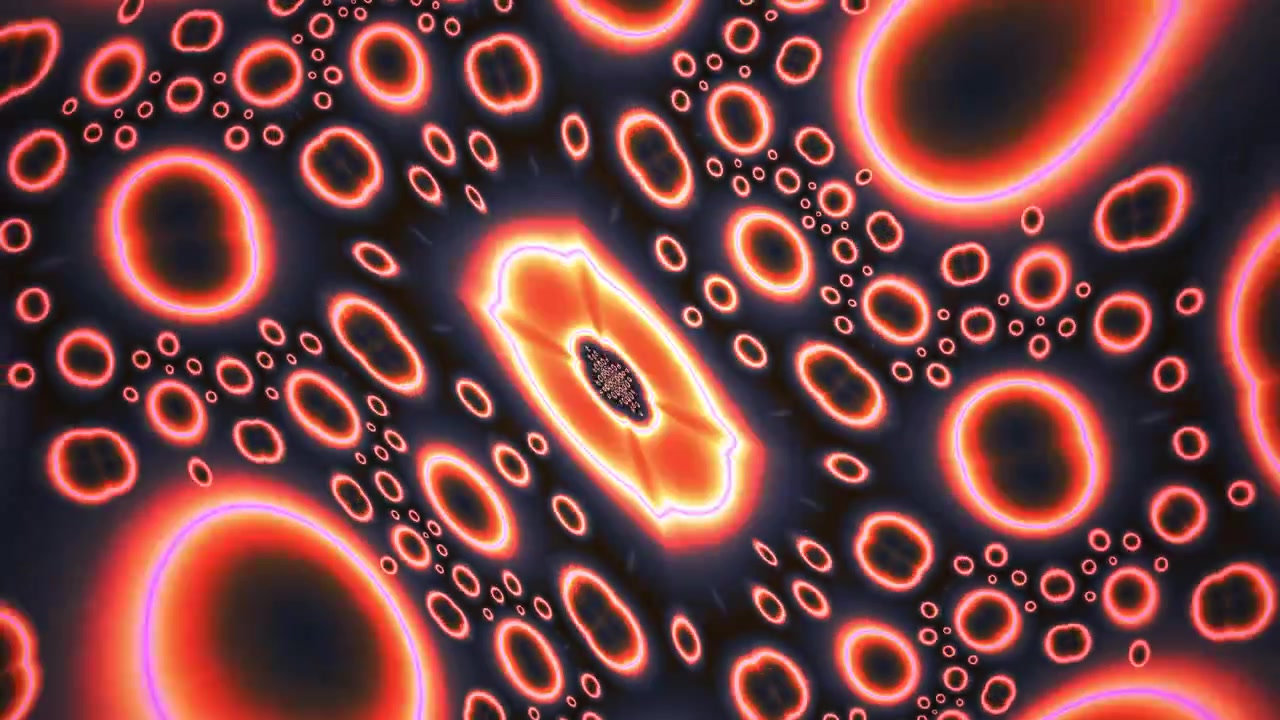 Sfondo astratto in movimento con cerchi al neon rossi pulsanti.