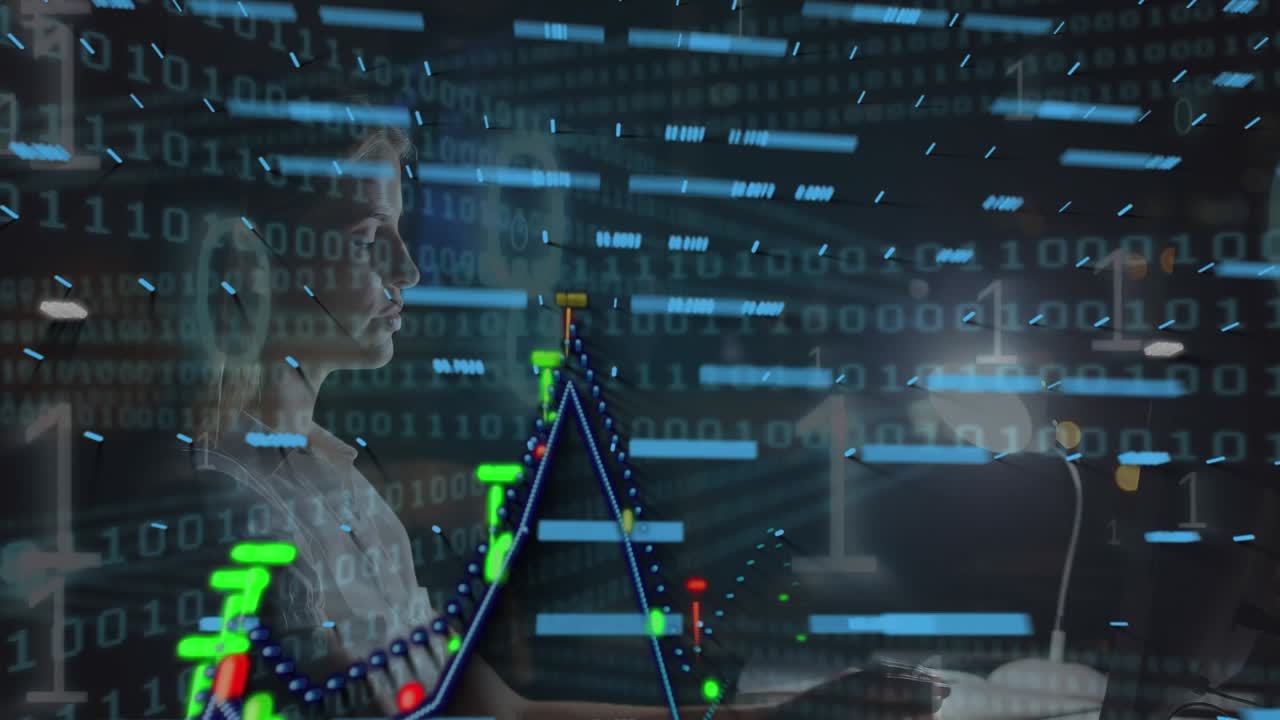 Animation of data processing over caucasian woman