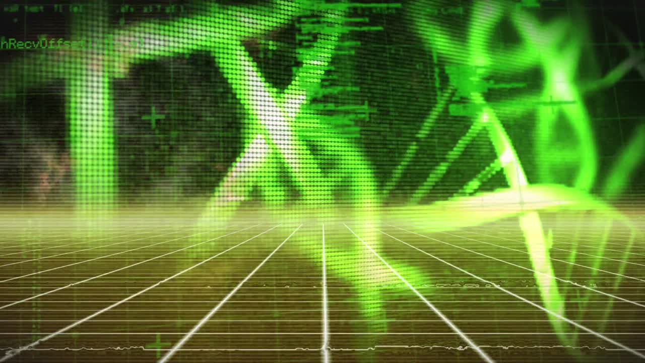 animación de estructuras de adn girando y procesamiento de datos a través de la red de cuadrícula en fondo negro