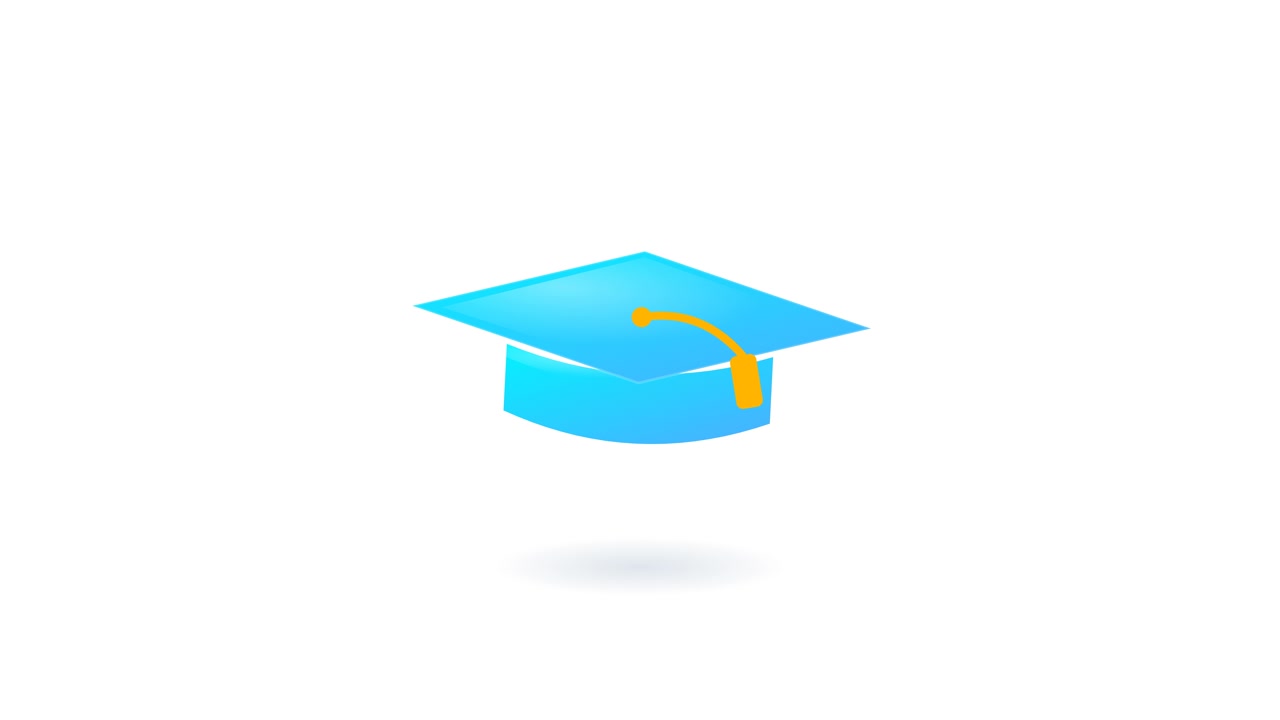 Tocco di laurea blu animato che fluttua su sfondo bianco