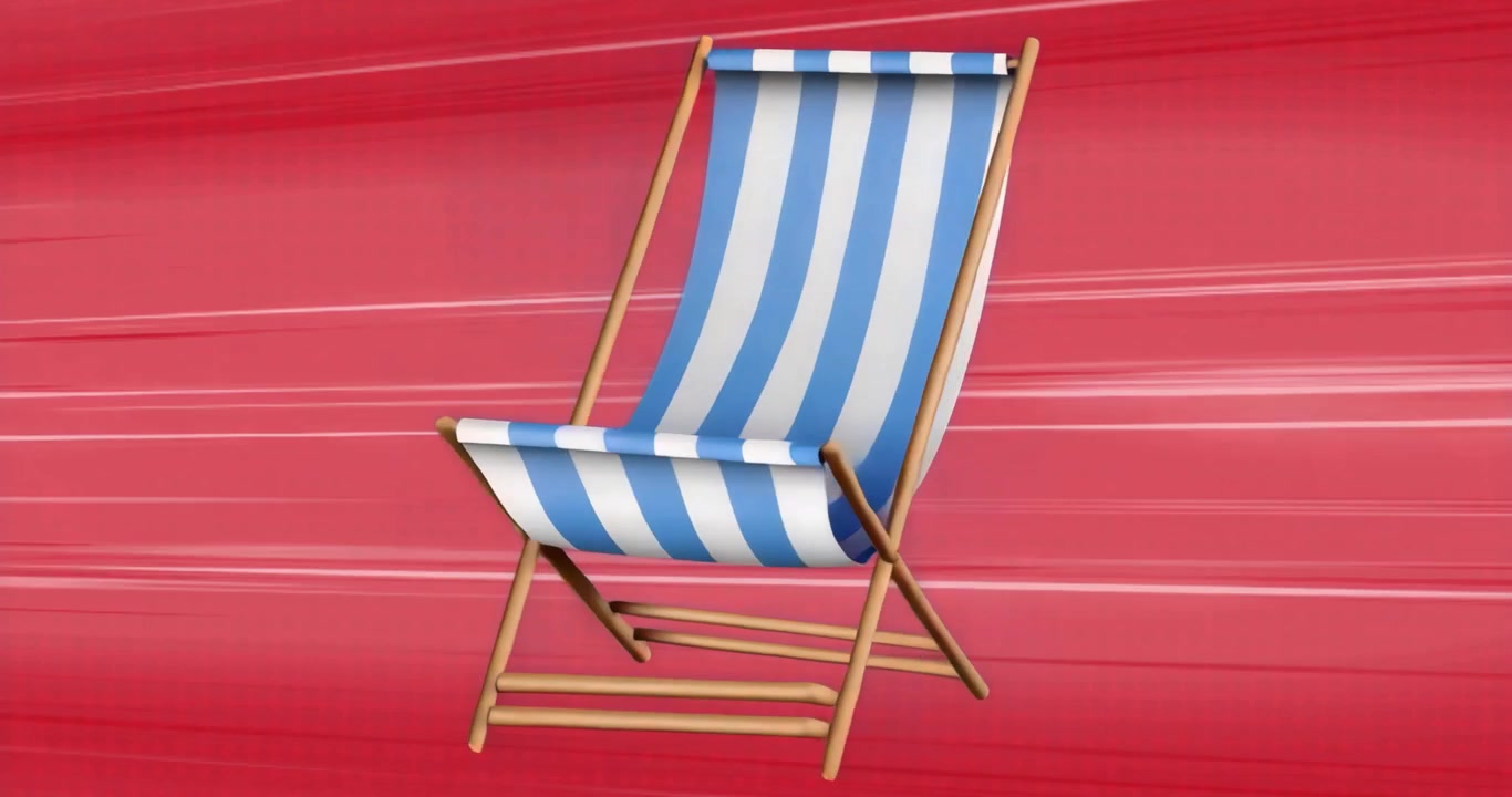 Au début, une chaise longue rayée tourne de face sur le côté, puis inverse sa rotation sur un fond rouge.