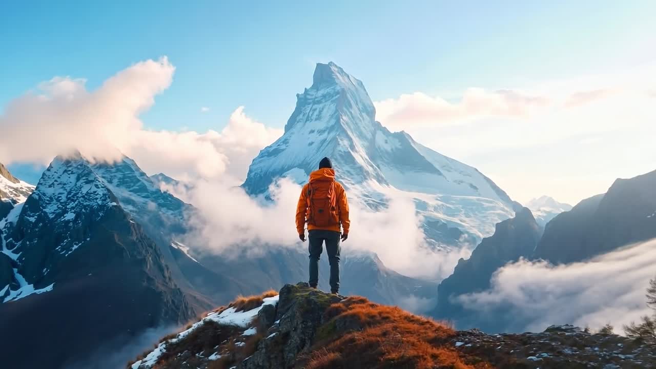 человек, стоящий на вершине горы, смотрит на материнский рог.
