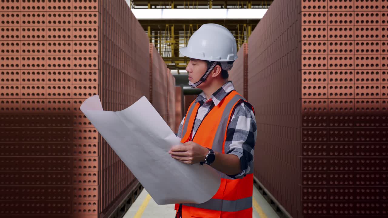 Side View Of Asian Male Engineer With Safety Helmet Looking At Blueprint In His Hands And Looking Around While Standing With Red Brick Packed in Stacks Are Stored