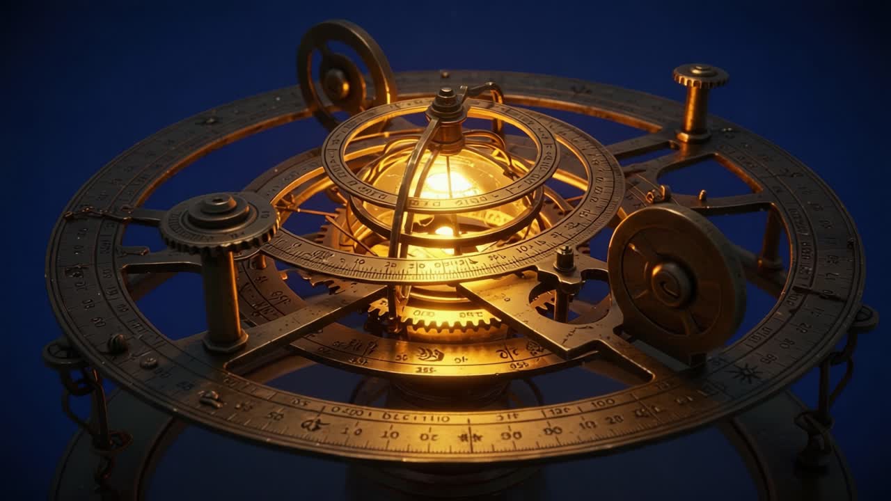 An Intricate Astrolabe Illuminated by Soft Light, Showcasing the Beautiful Details of Ancient Astronomical Instruments Positioned Against a Deep Blue Background