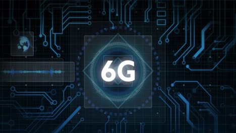 animation of 6g text over round scanner, microprocessor connections and data processing