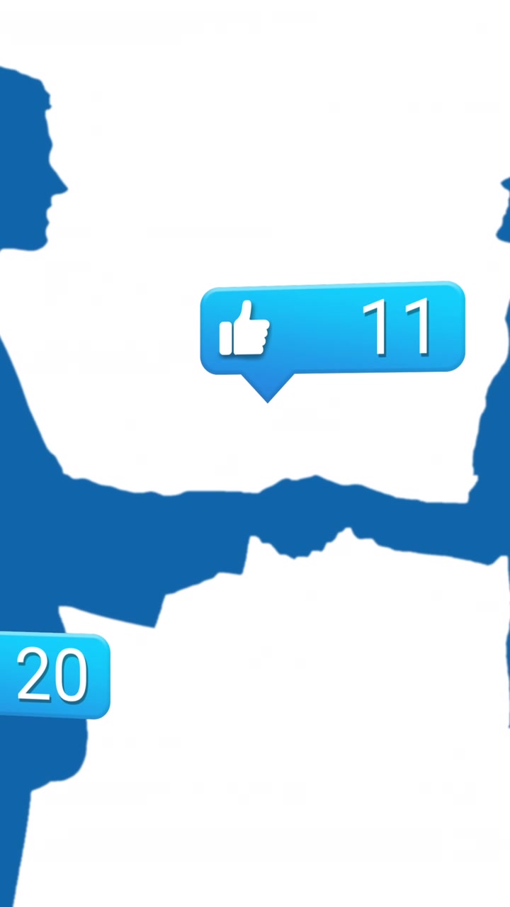 Composition of social media text, icons over man and woman's silhouette shaking hands