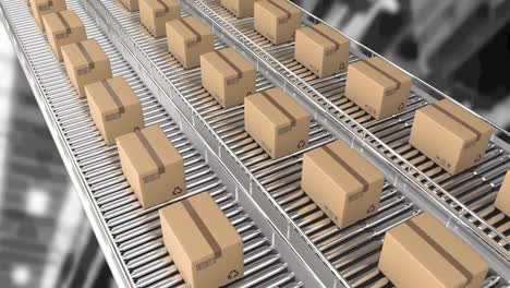 Animation-of-cardboard-boxes-moving-on-conveyor-belts-over-warehouse