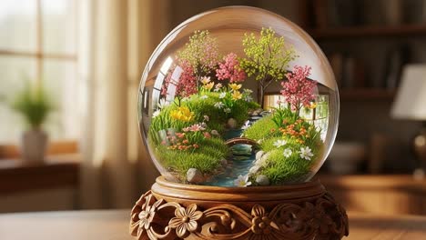 a serene glass dome encapsulating a vibrant miniature garden, complete with flowing stream, colorful flowers, and lush greenery, perfect for any home décor