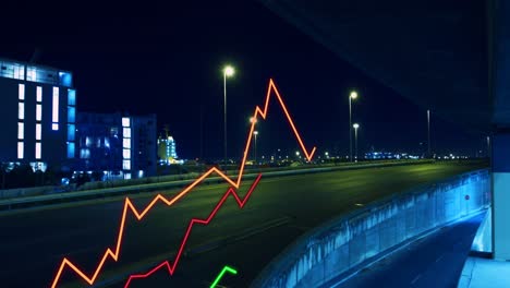 Animation-of-lines-and-financial-data-processing-over-cityscape-at-night