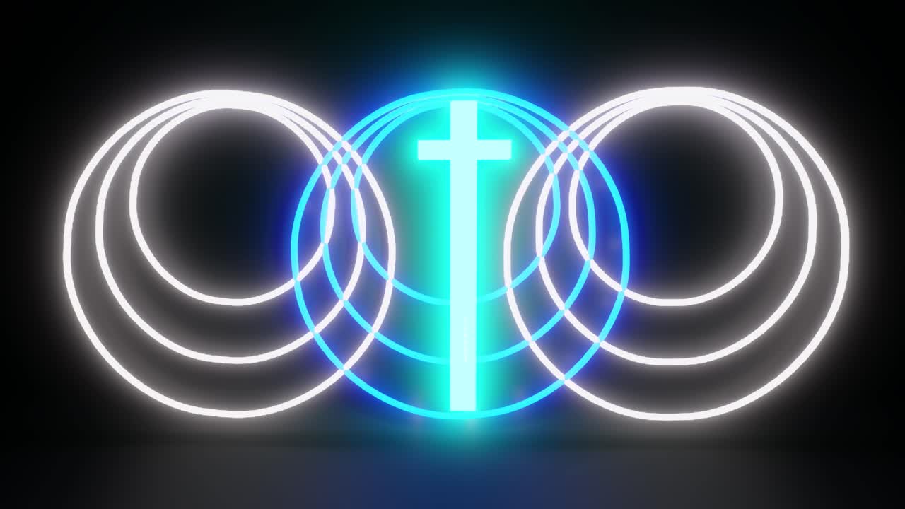 Neon cross framed by blue and white neon circles. 3d animation loop