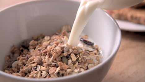 Slow-Motion-Shot-Of-Pouring-Milk-Onto-Muesli-Into-Bowl